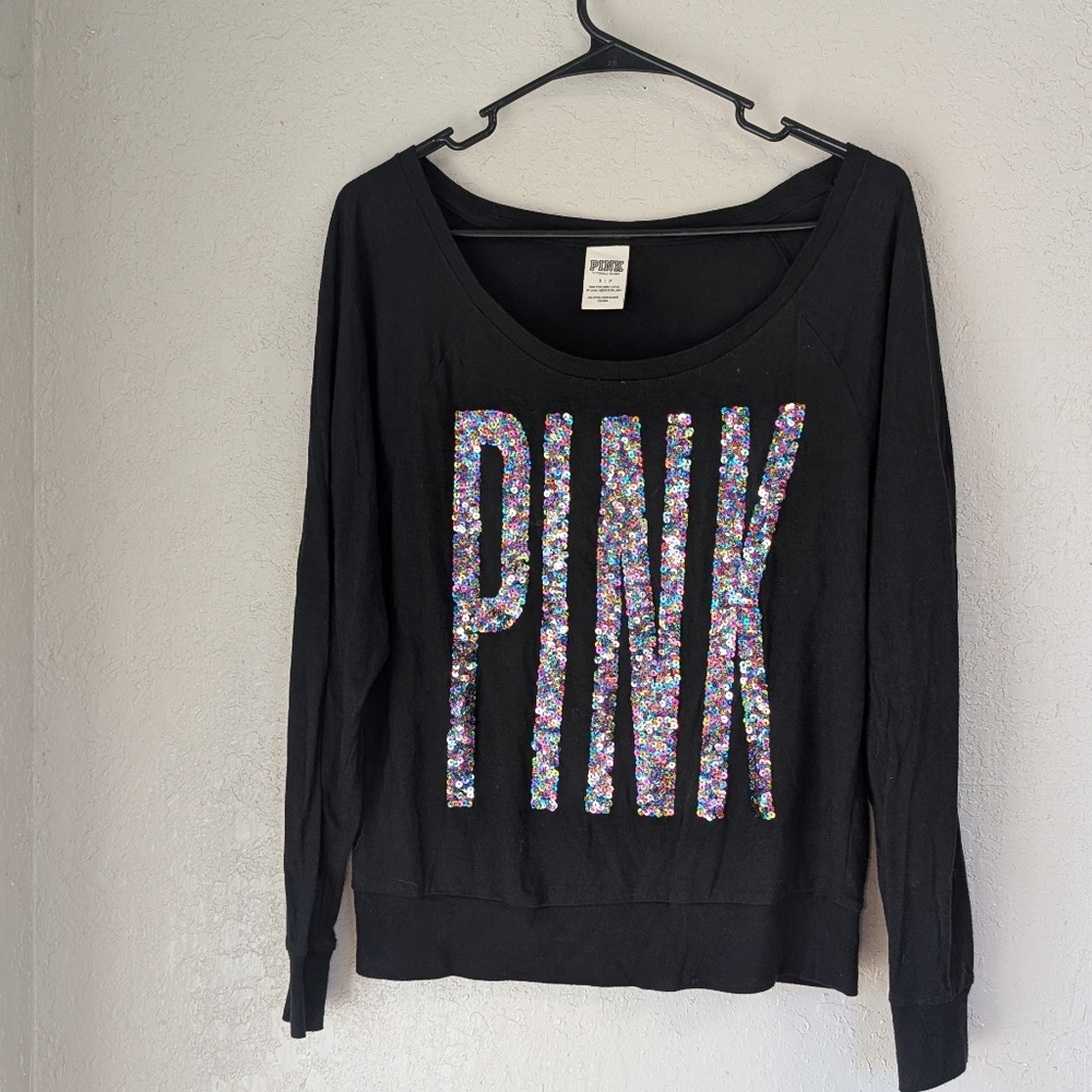 2000s Victoria's Secret PINK Black Sequin Top Small Oversized Classic Vtg